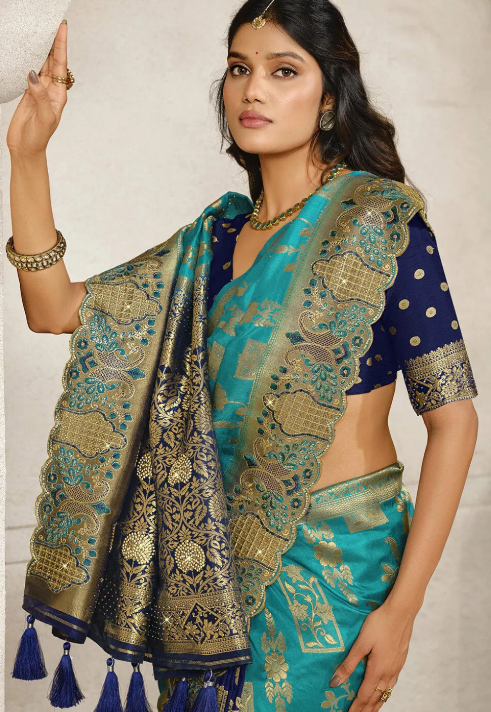 Half N Half Art Silk Saree in Blue and Navy Blue