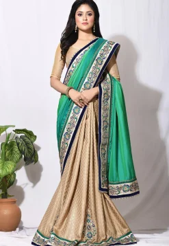 Half N Half Art Silk Saree in Teal Green and Beige