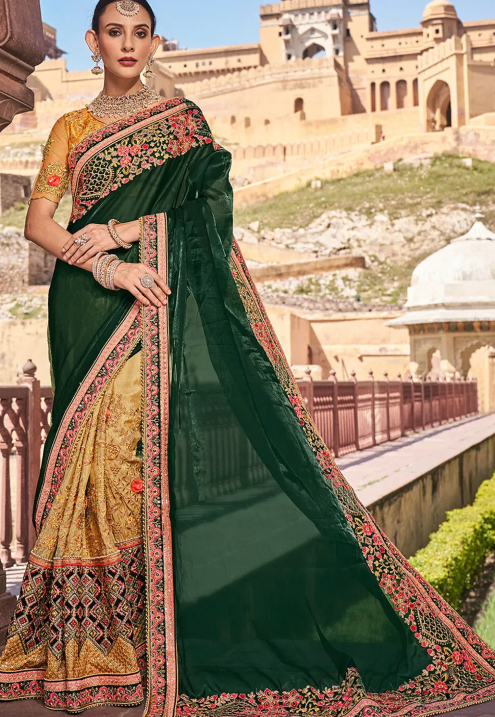 Half N Half Art Silk Saree in Yellow and Dark Green