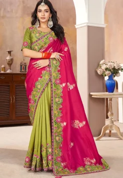 Half N Half Art Silk Saree in Pink and Light Green