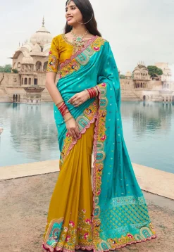 Half N Half Art Silk Saree in Turquoise and Mustard