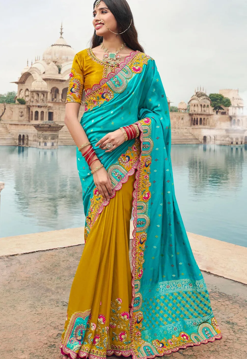 Half N Half Art Silk Saree in Turquoise and Mustard