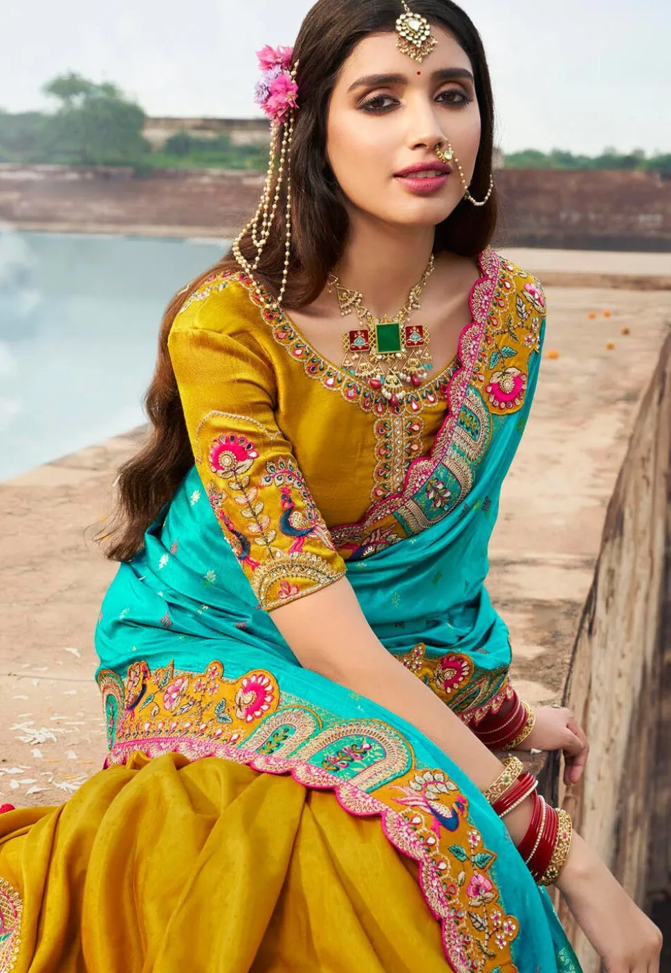 Half N Half Art Silk Saree in Turquoise and Mustard