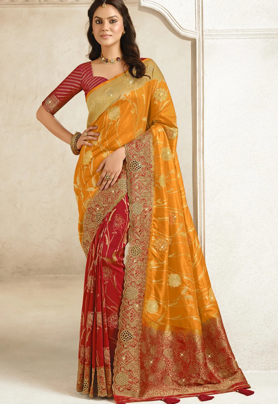 Half N Half Art Silk Saree in Light Orange and Red