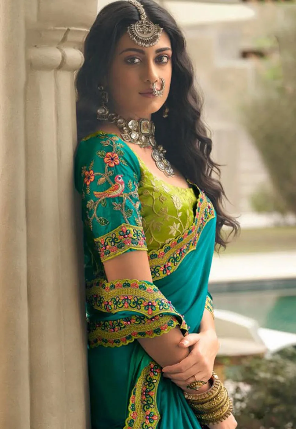 Half N Half Art Silk Saree in Teal Green and Light Green