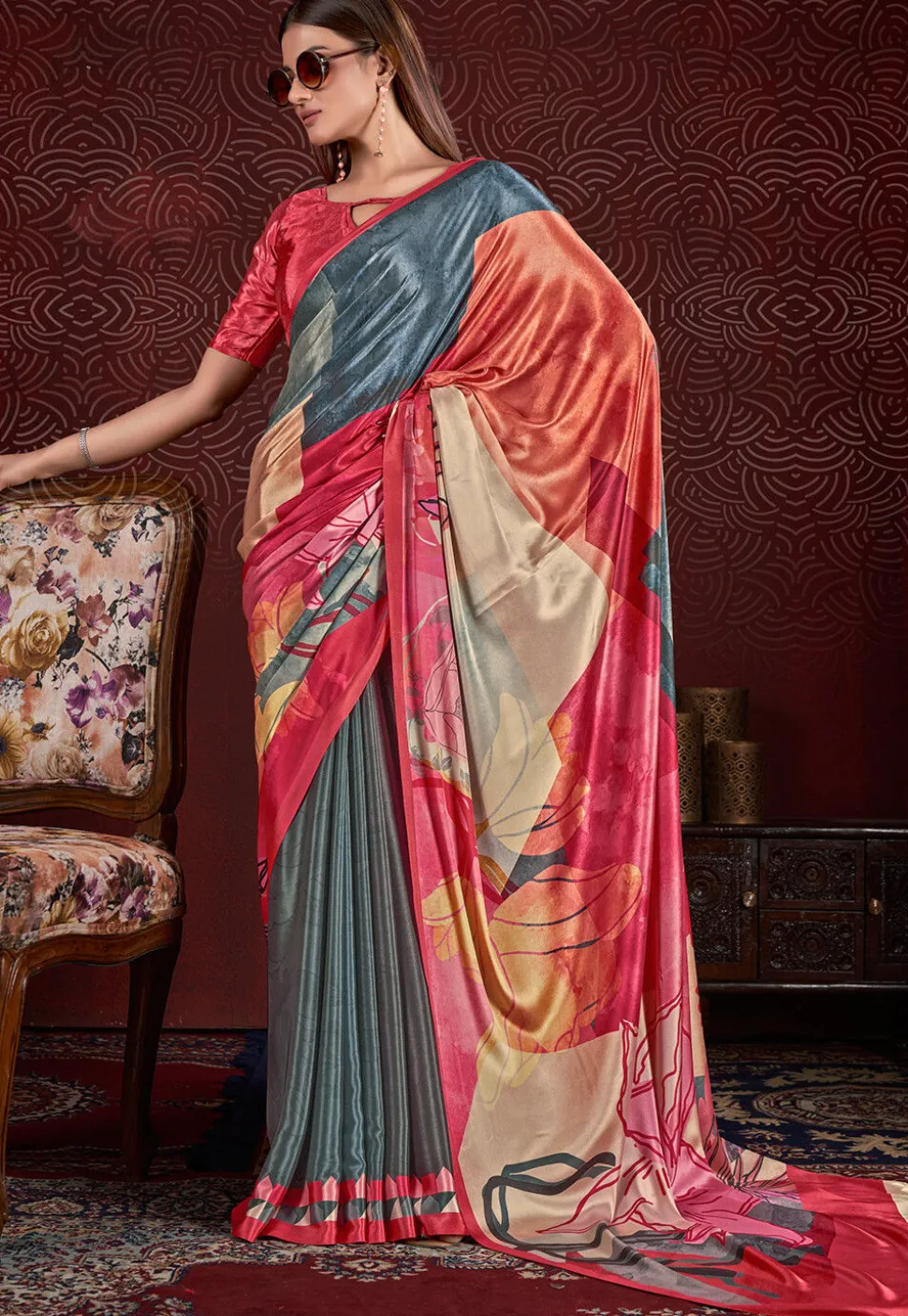 Half N Half Art Silk Saree in Grey and Pink