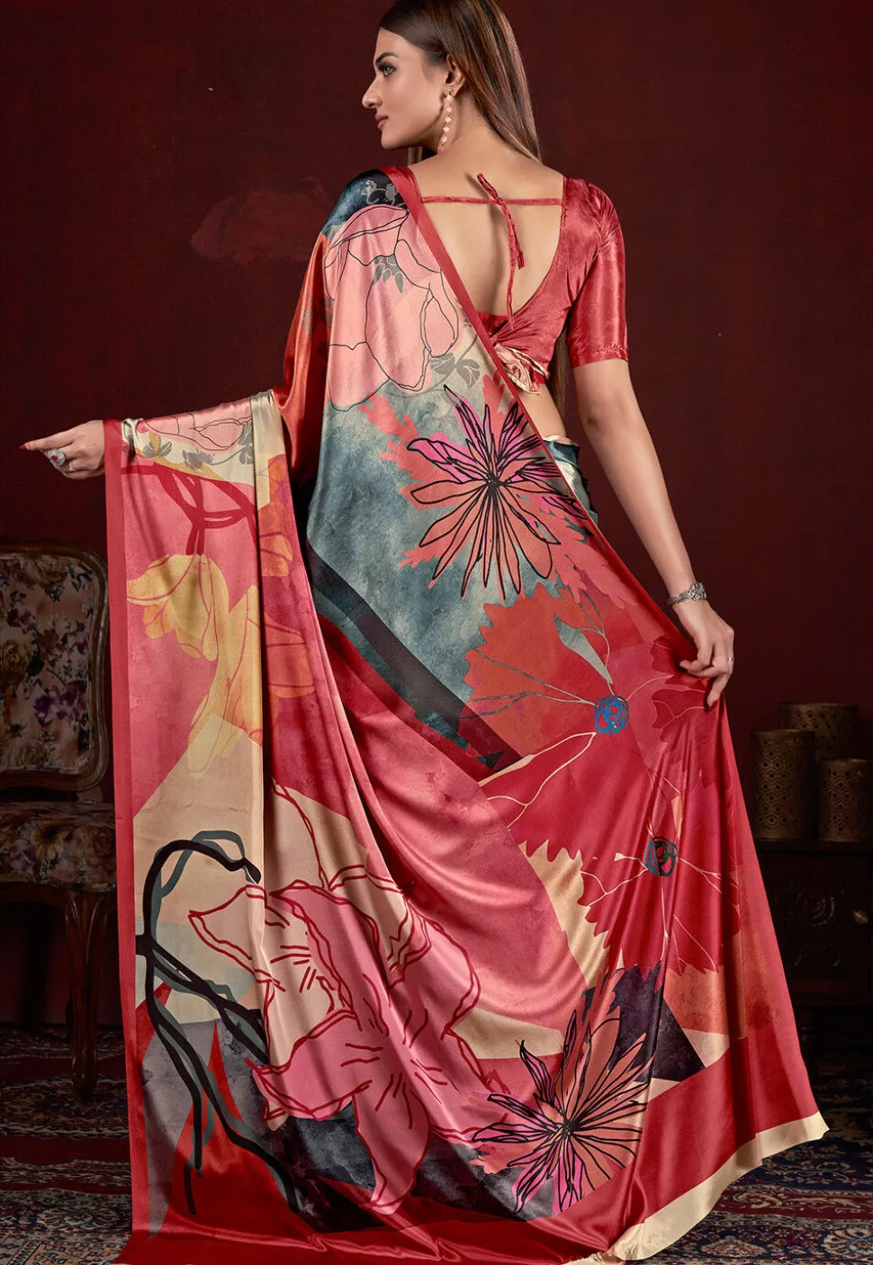 Half N Half Art Silk Saree in Grey and Pink