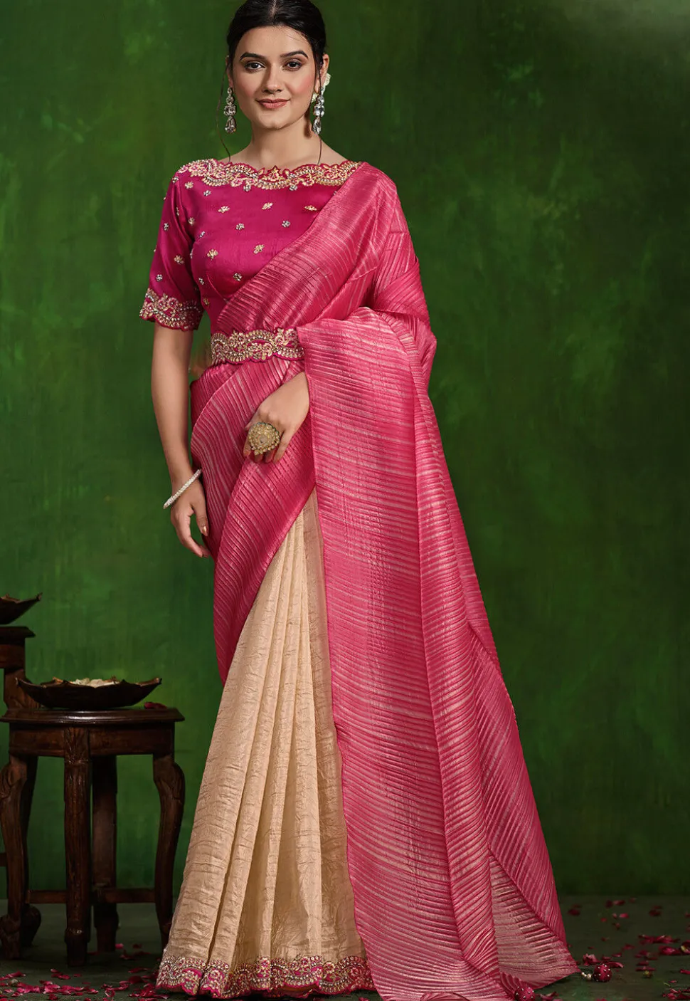 Half N Half Art Silk Saree in Pink and Beige