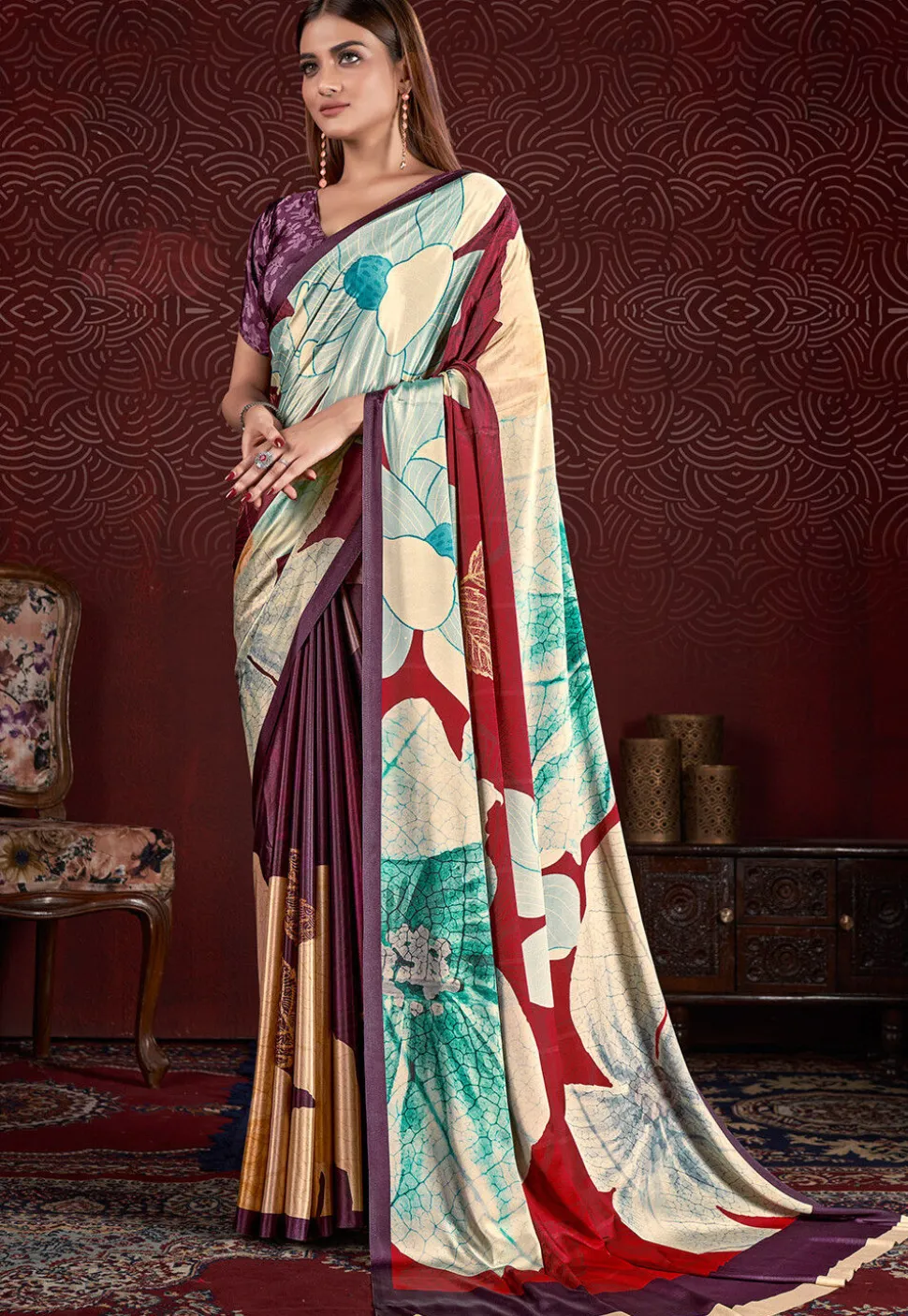 Half N Half Art Silk Saree in Purple and Multicolor