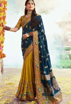Half N Half Art Silk Saree in Navy Blue and Mustard