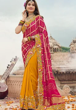 Half N Half Art Silk Saree in Pink and Mustard