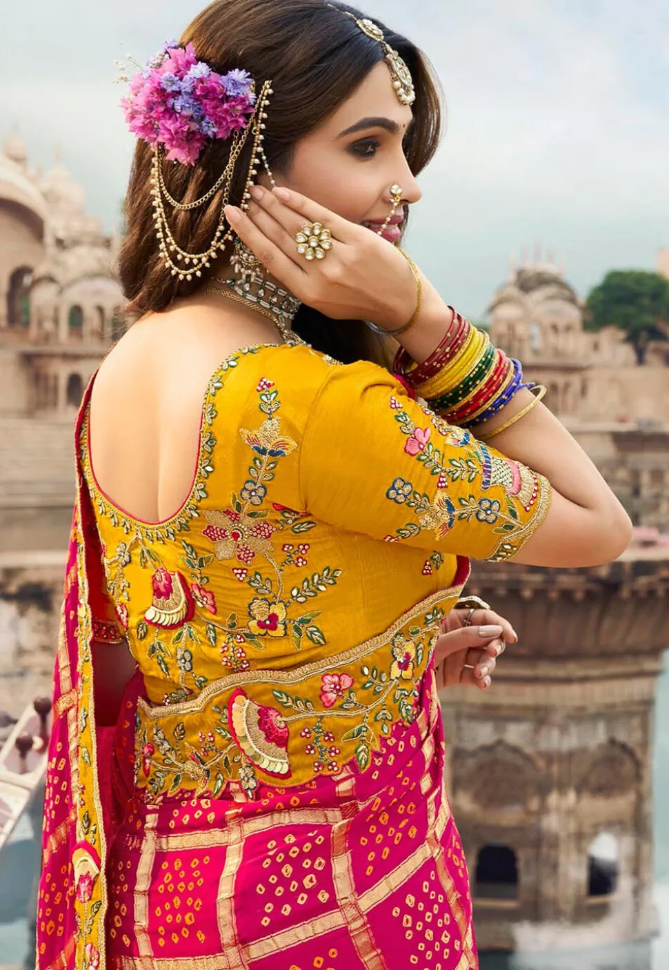 Half N Half Art Silk Saree in Pink and Mustard
