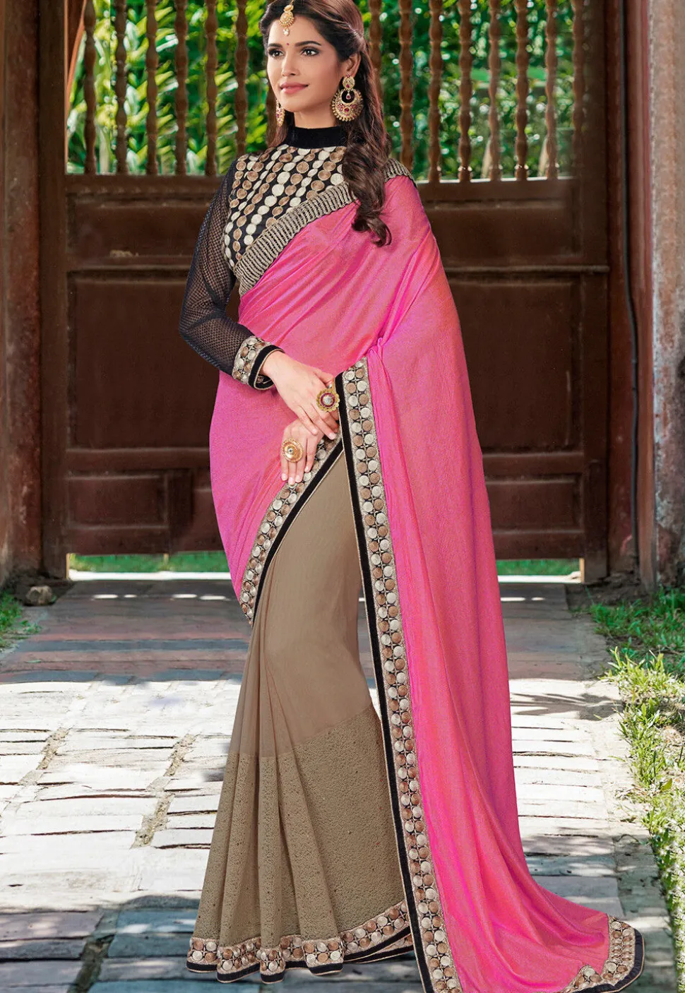 Half N Half Art Silk Saree in Beige and Pink