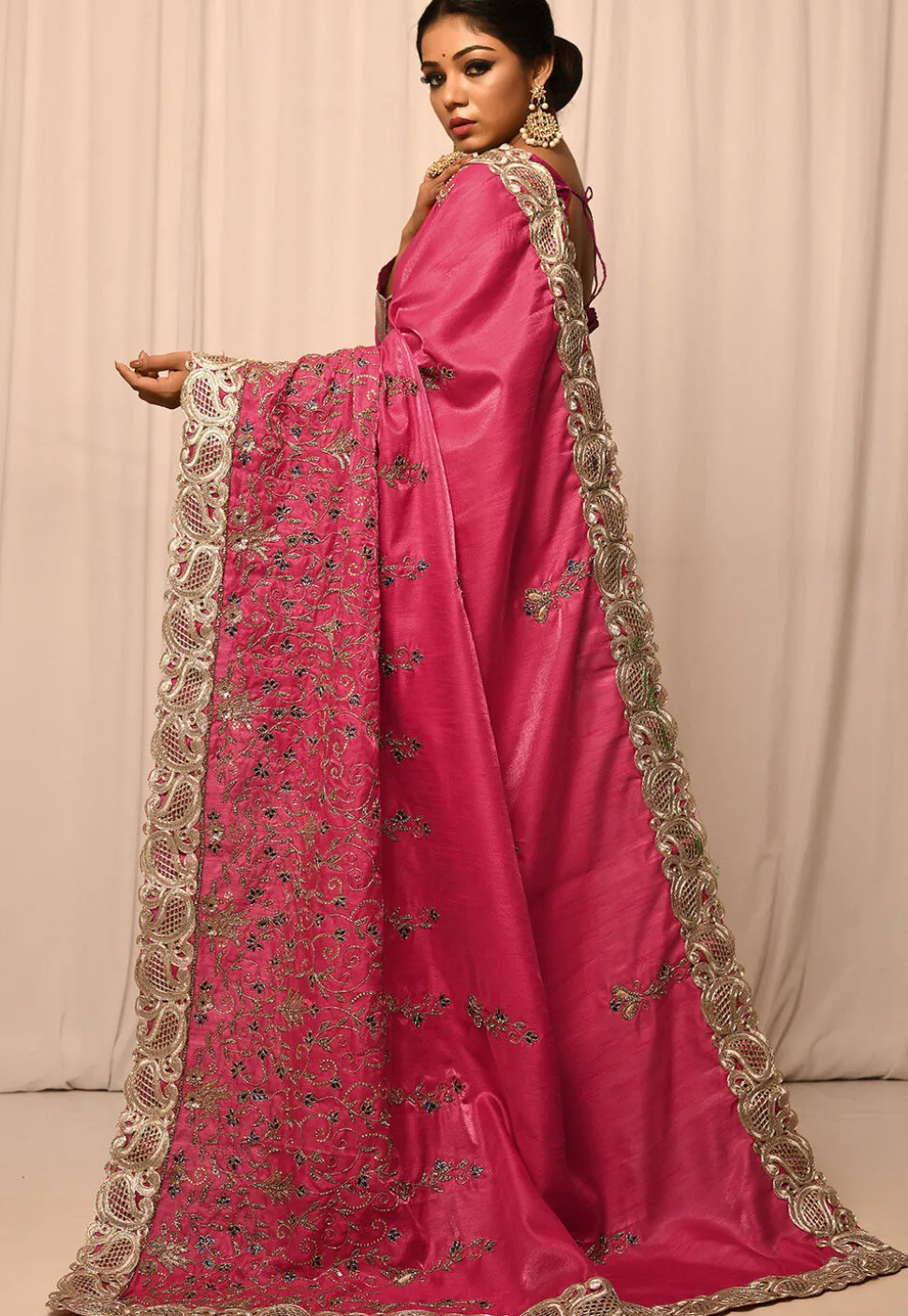 Half N Half Art Silk Saree in Dark Pink and Light Mustard