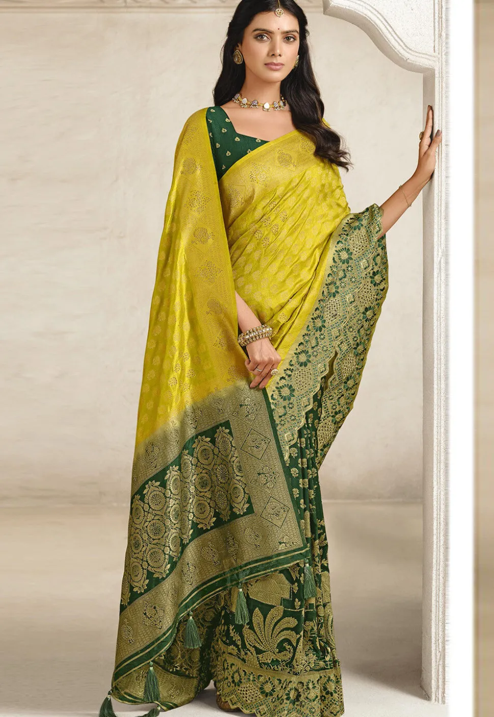 Half N Half Art Silk Saree in Yellow and Dark Green
