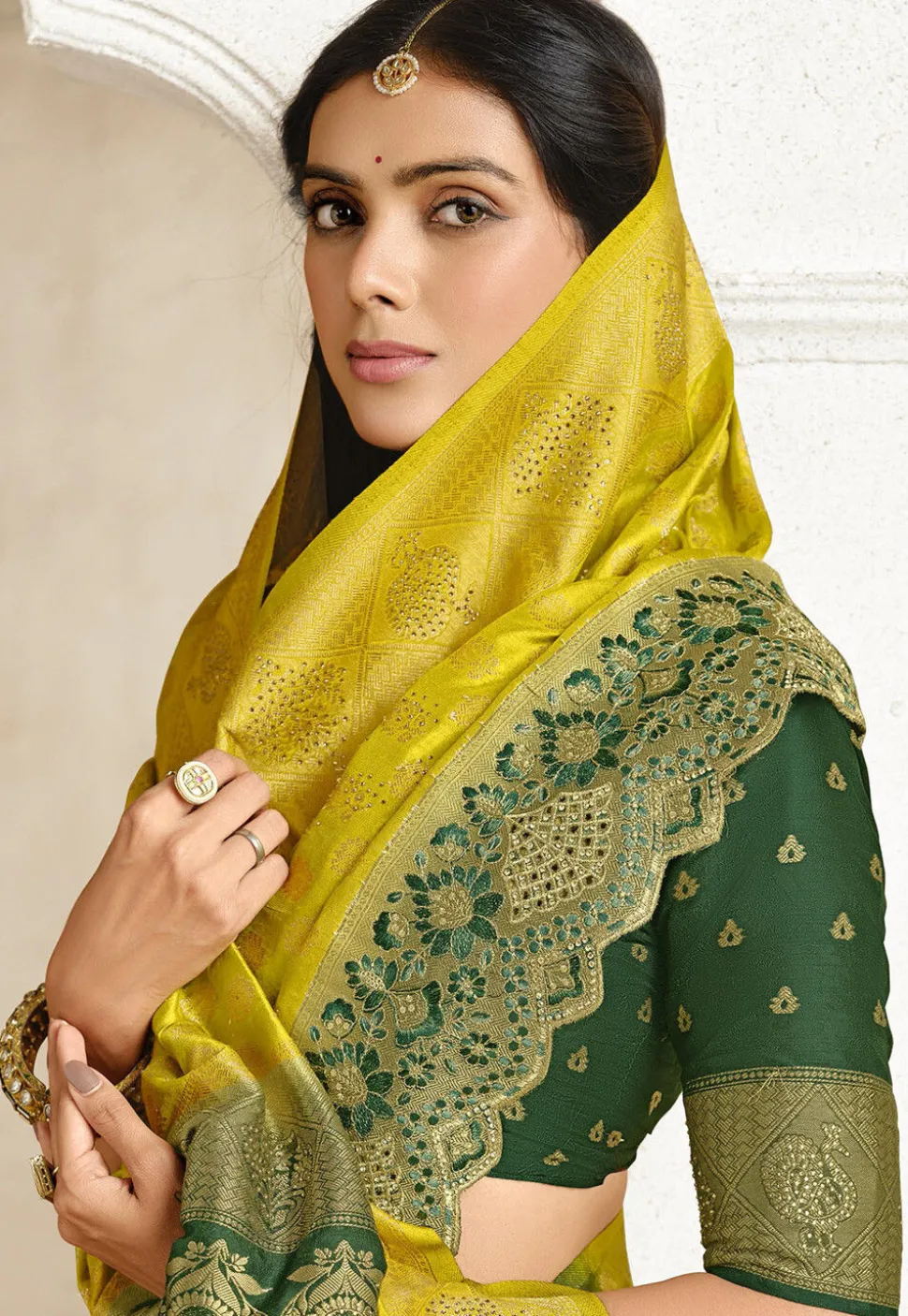 Half N Half Art Silk Saree in Yellow and Dark Green