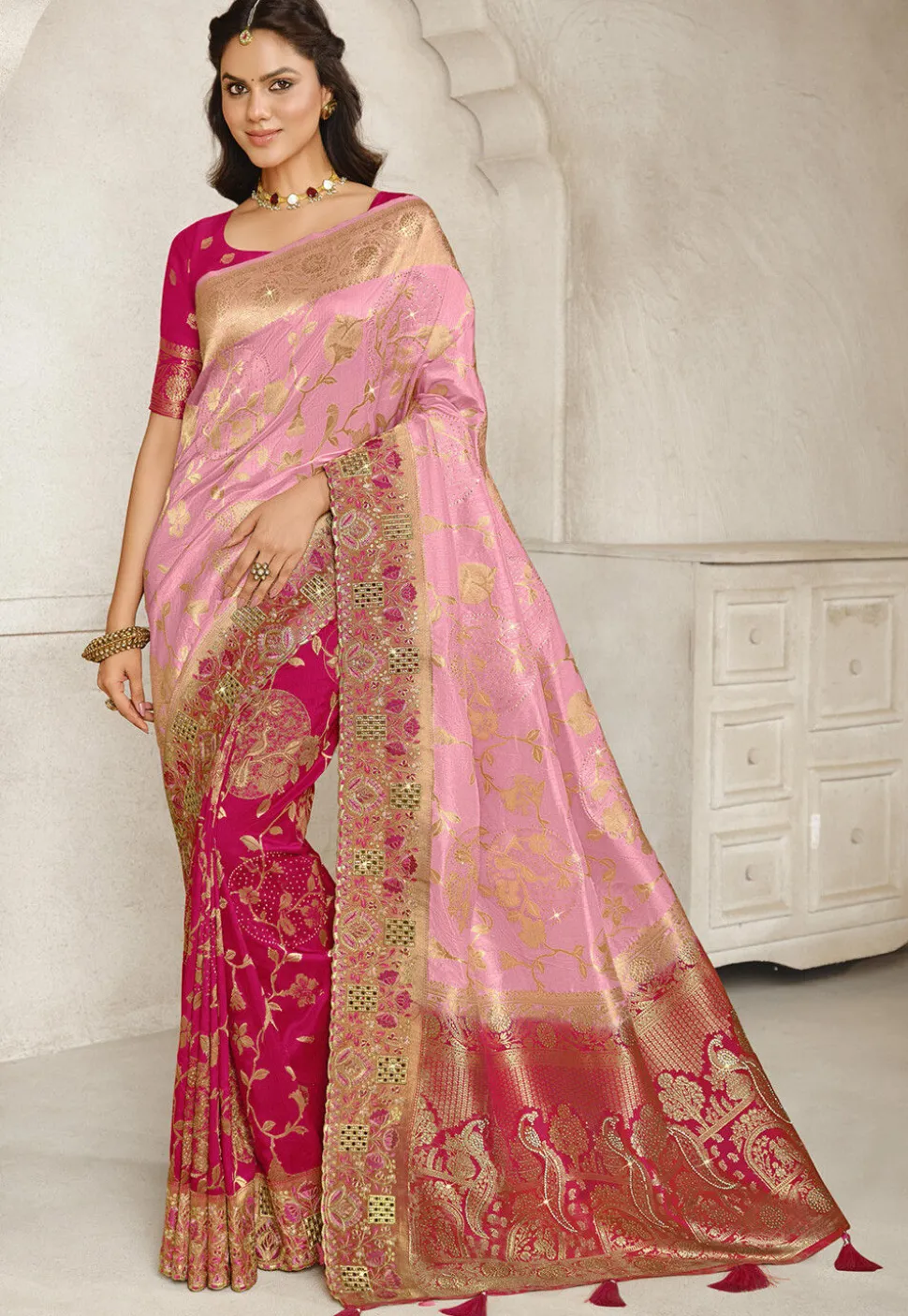 Half N Half Art Silk Saree in Pink and Fuchsia