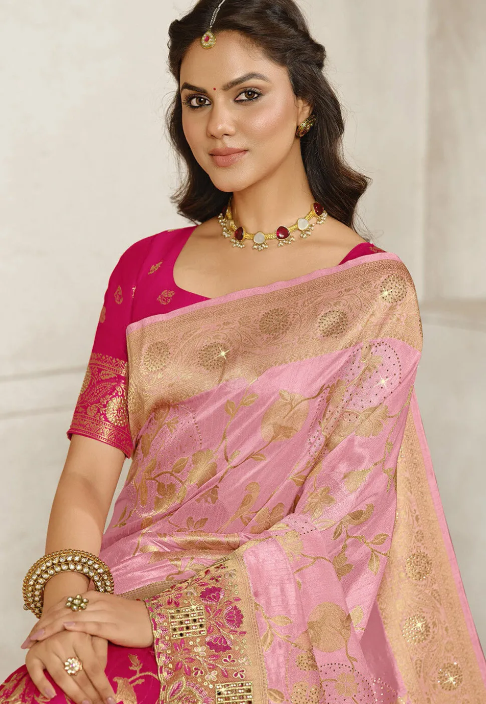 Half N Half Art Silk Saree in Pink and Fuchsia
