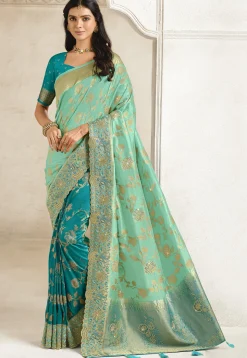 Half N Half Art Silk Saree in Light Green and Turquoise