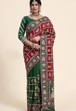 Half N Half Art Silk Saree in Maroon and Green