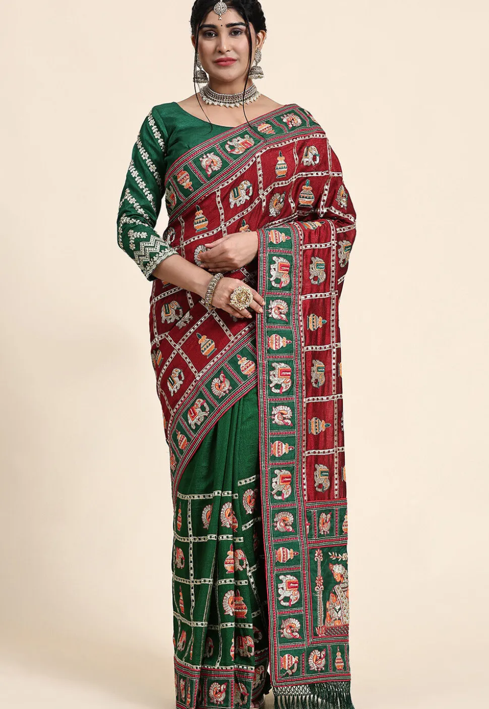 Half N Half Art Silk Saree in Maroon and Green