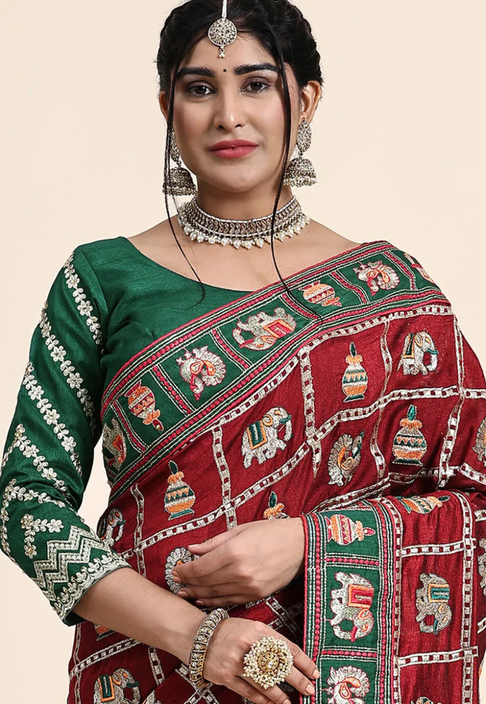 Half N Half Art Silk Saree in Maroon and Green