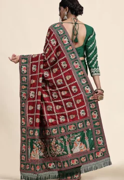 Half N Half Art Silk Saree in Maroon and Green
