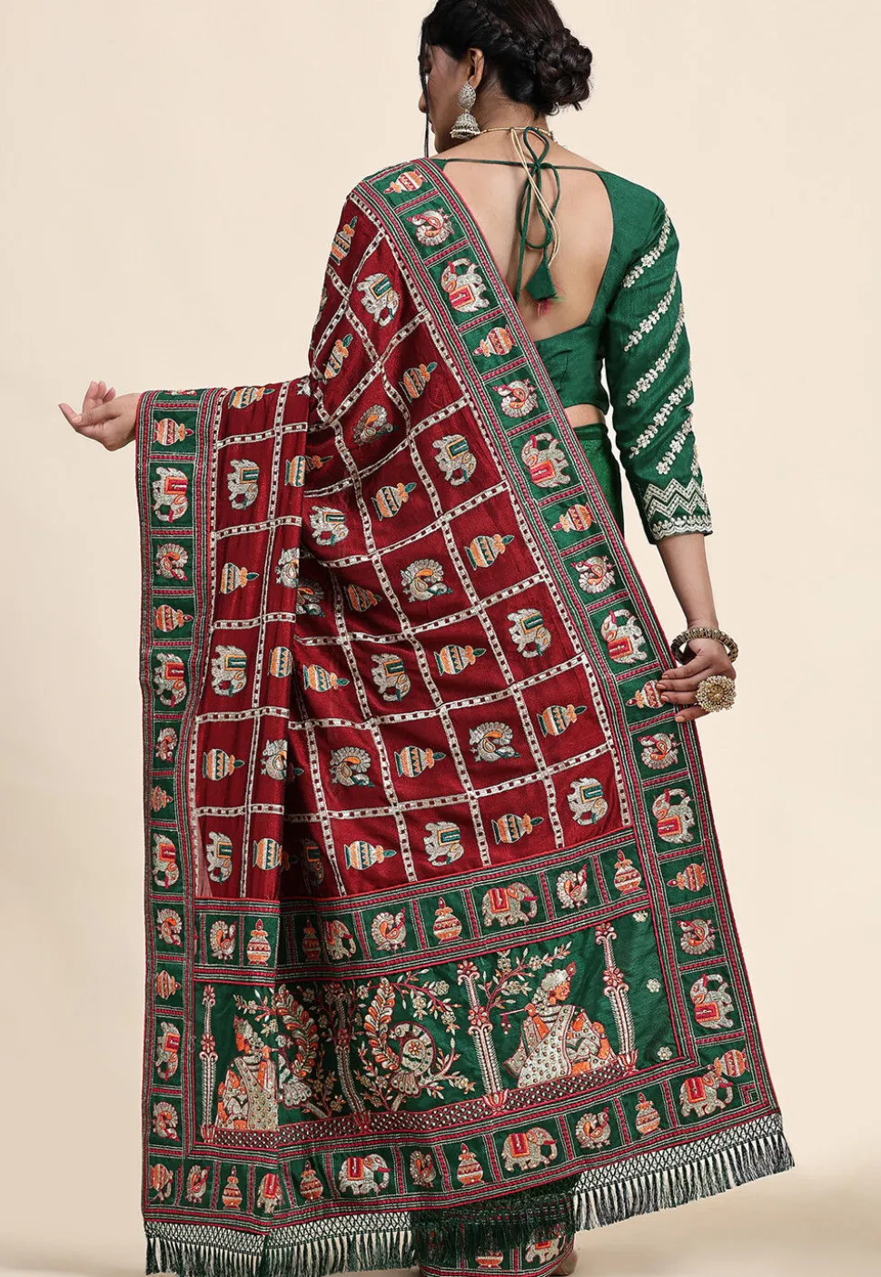 Half N Half Art Silk Saree in Maroon and Green