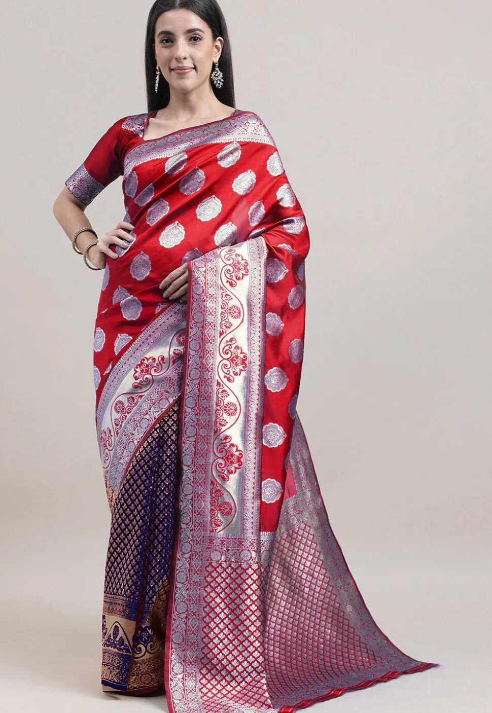 Half N Half Art Silk Saree in Maroon and Navy Blue
