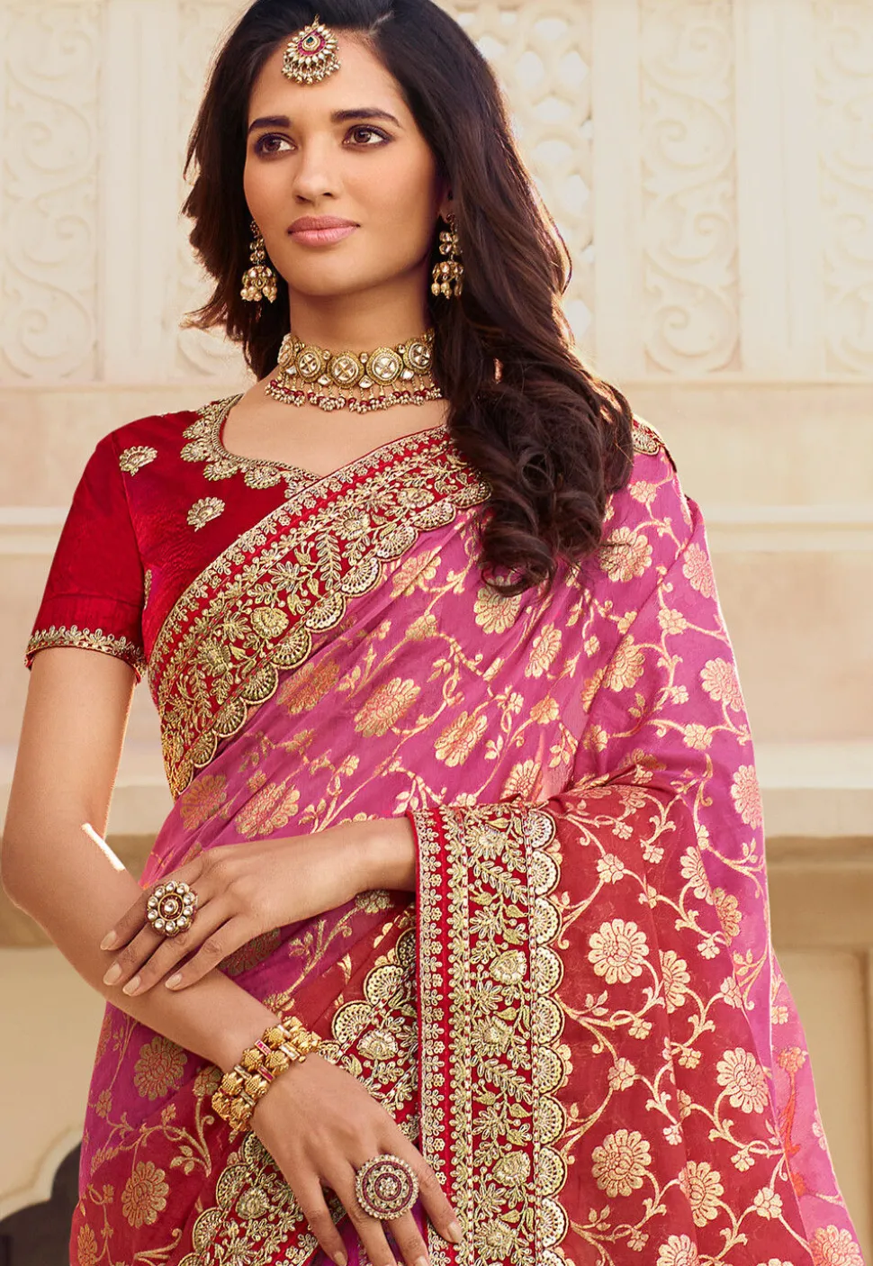 Half N Half Art Silk Saree in Pink and Red