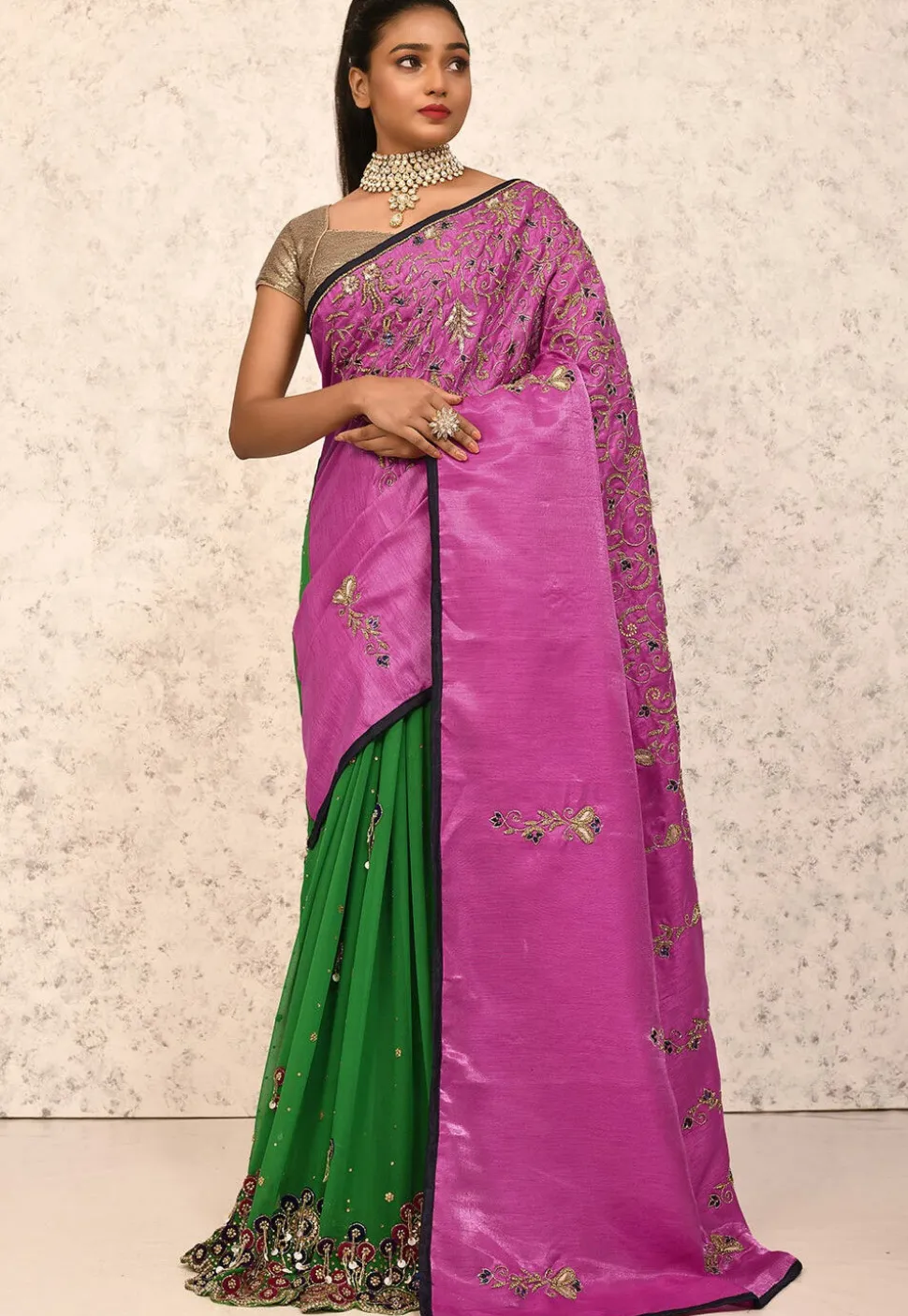 Half N Half Art Silk Saree in Fuchsia and Green