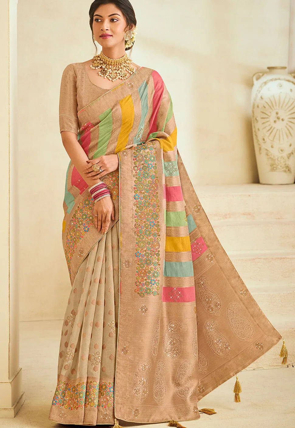 Half N Half Art Silk Saree in Beige