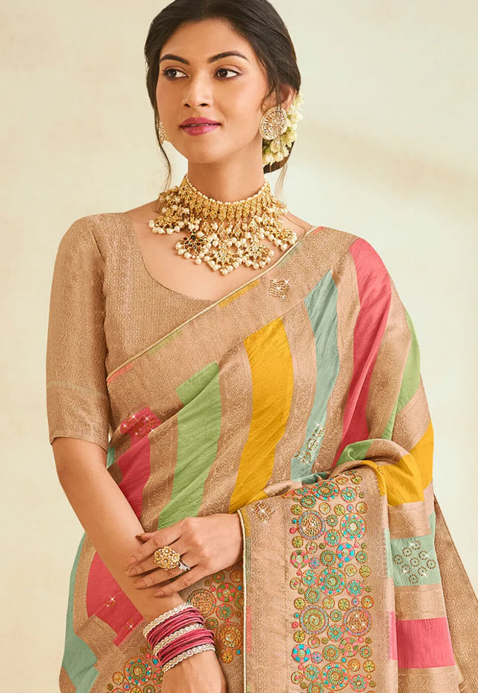 Half N Half Art Silk Saree in Beige
