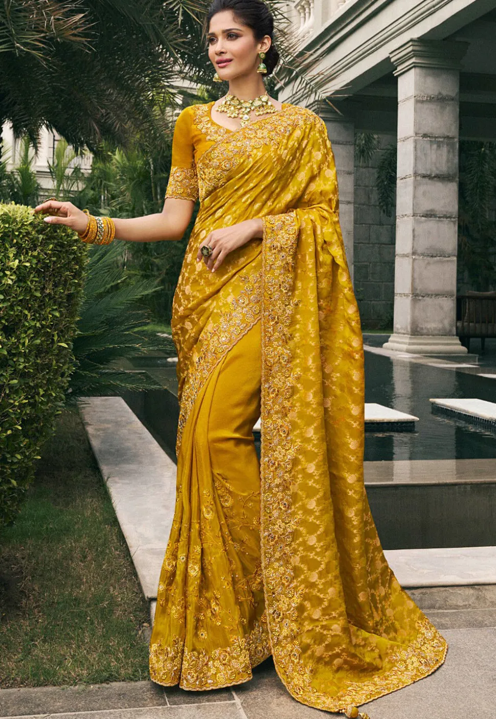 Half N Half Art Silk Saree in Dark Mustard