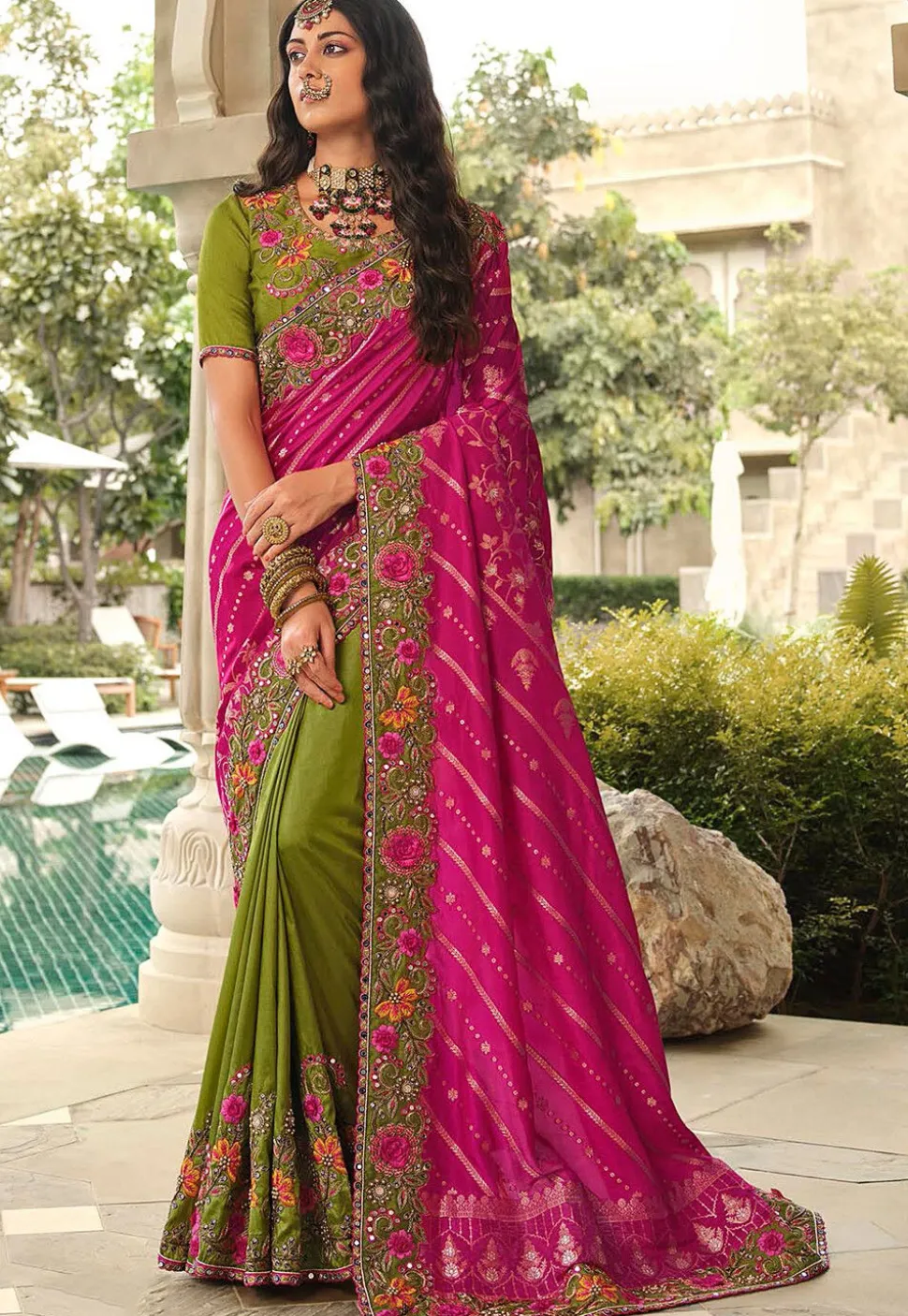 Half N Half Art Silk Saree in Fuchsia and Light Green