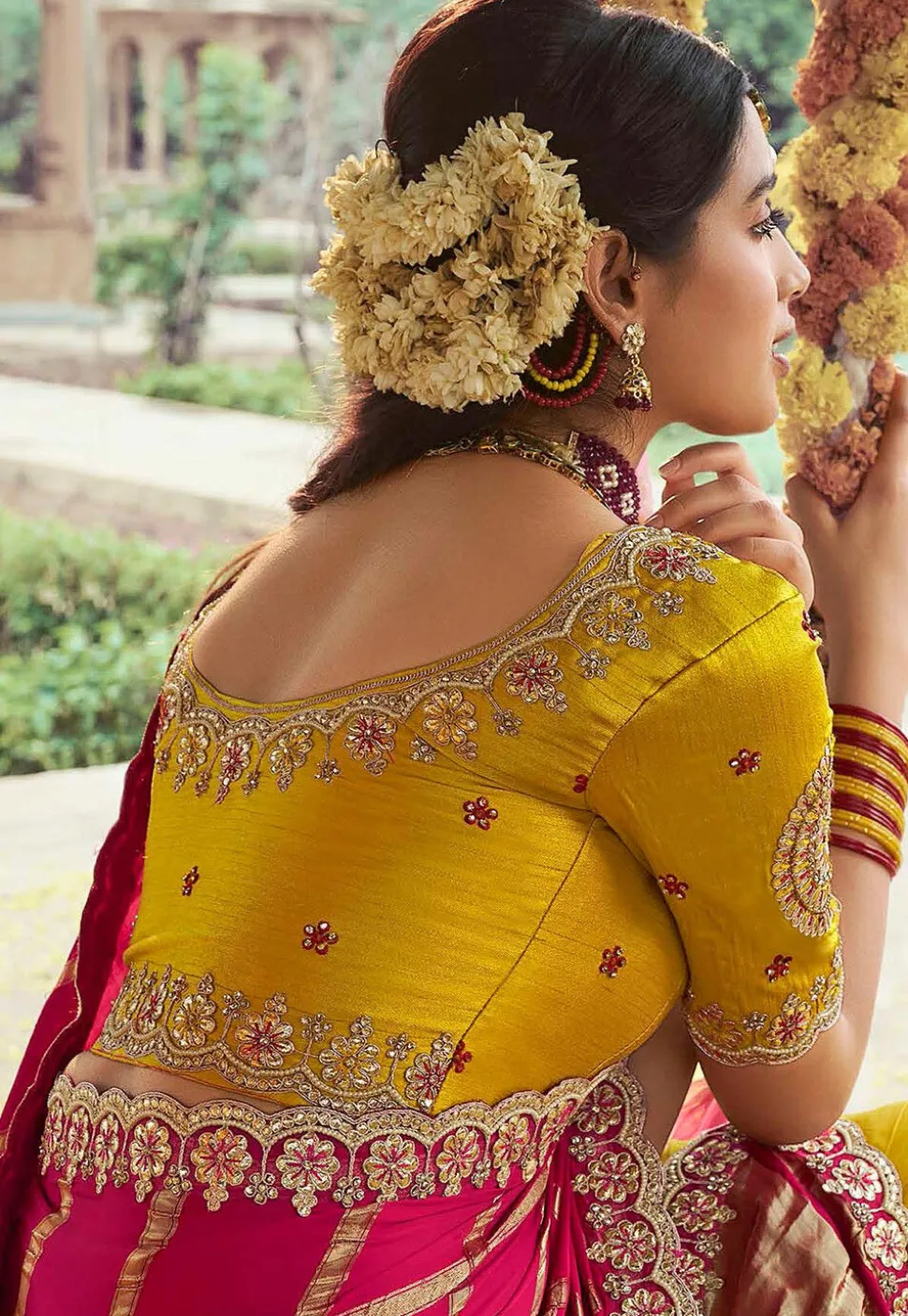 Half N Half Art Silk Saree in Red and Yellow