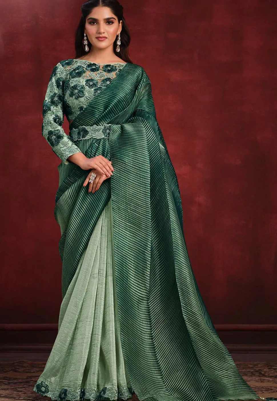 Half N Half Art Silk Saree in Green
