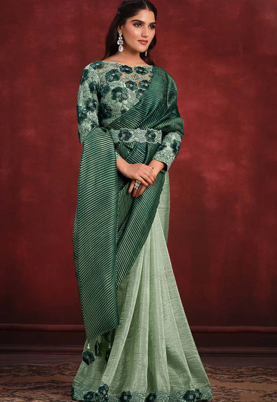 Half N Half Art Silk Saree in Green