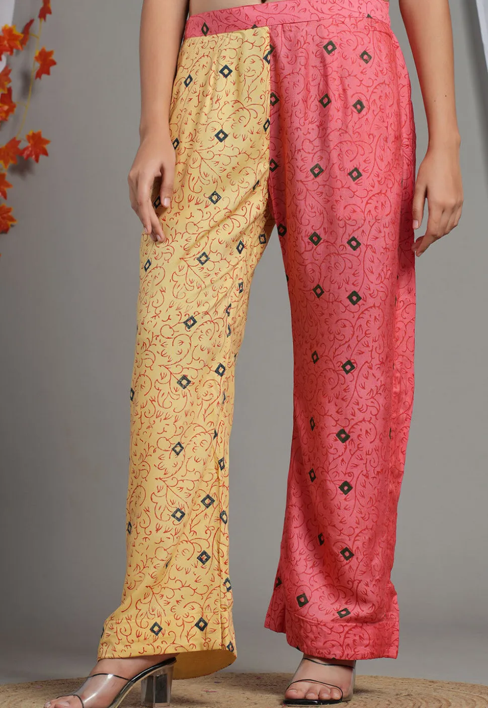 Half N Half Block Printed Rayon Palazzo in Peach and Beige