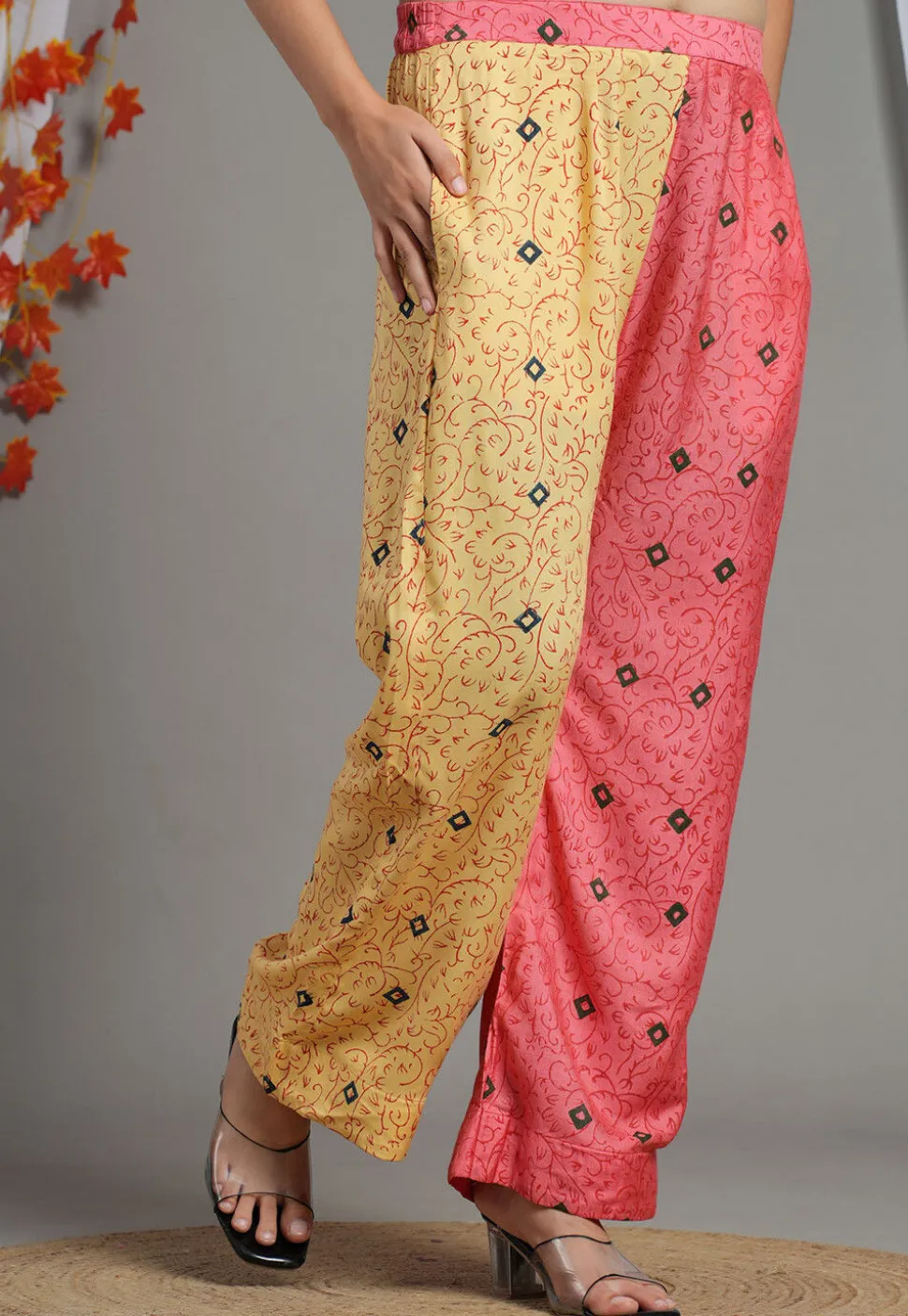 Half N Half Block Printed Rayon Palazzo in Peach and Beige