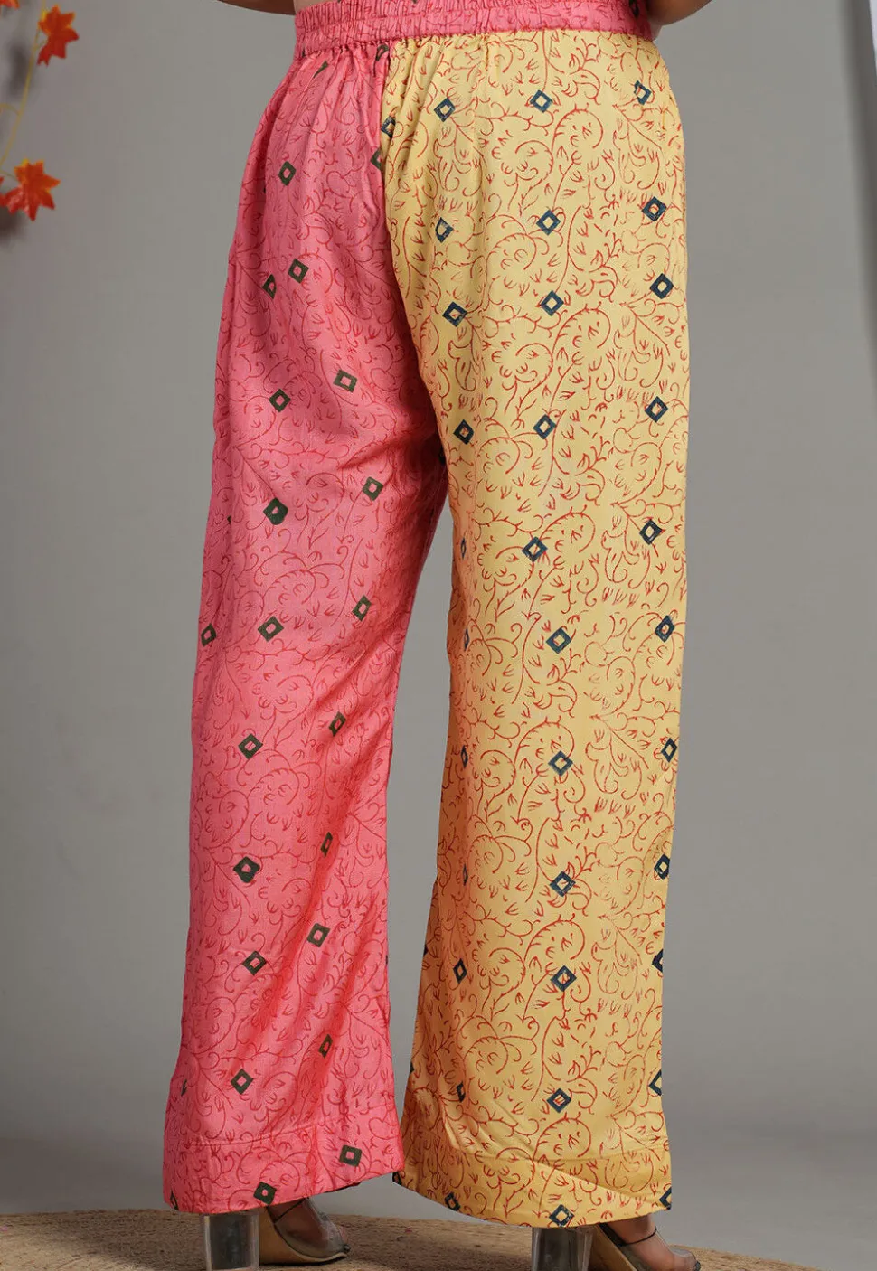 Half N Half Block Printed Rayon Palazzo in Peach and Beige