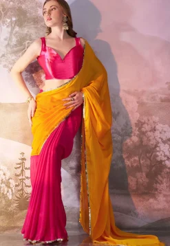 Half N Half Chiffon Saree in Fuchsia and Yellow