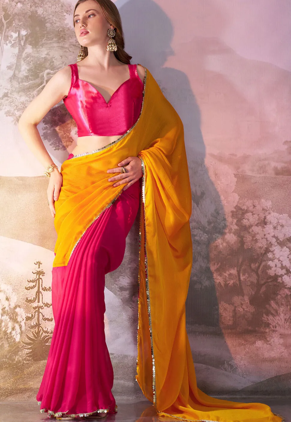 Half N Half Chiffon Saree in Fuchsia and Yellow