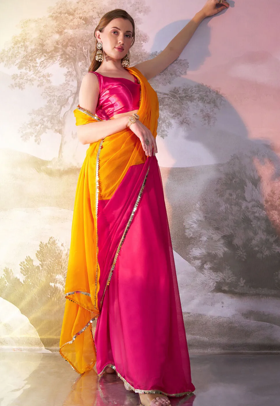 Half N Half Chiffon Saree in Fuchsia and Yellow