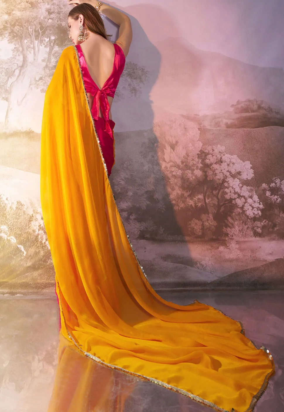 Half N Half Chiffon Saree in Fuchsia and Yellow