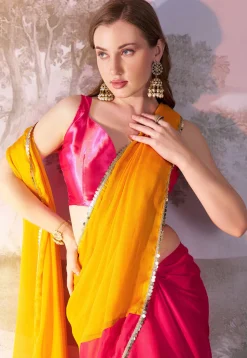 Half N Half Chiffon Saree in Fuchsia and Yellow