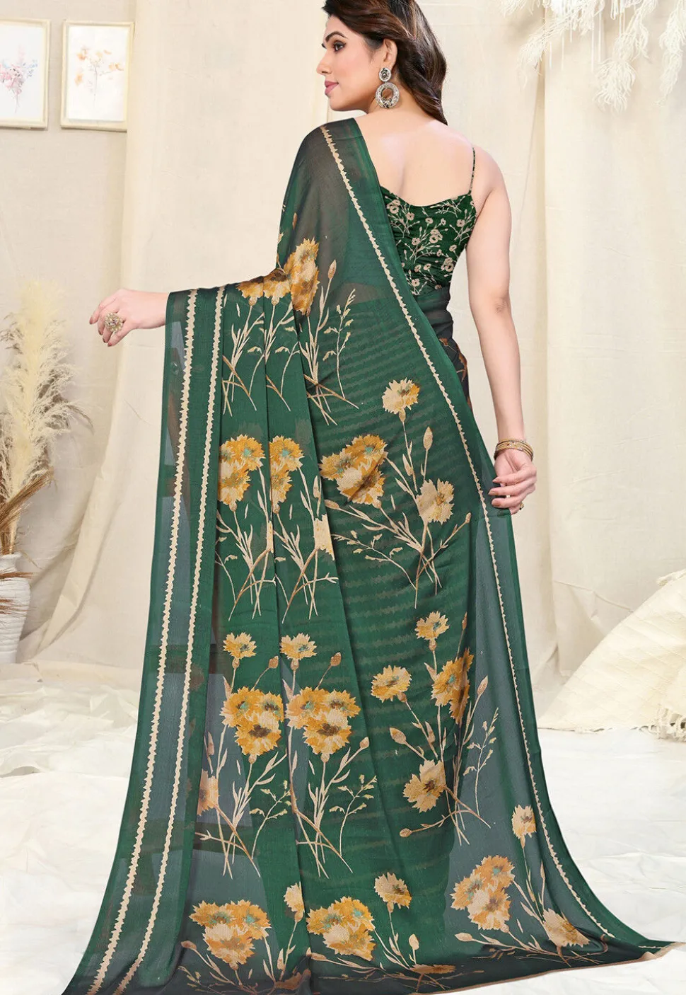 Half N Half Chiffon Saree in Dark Green