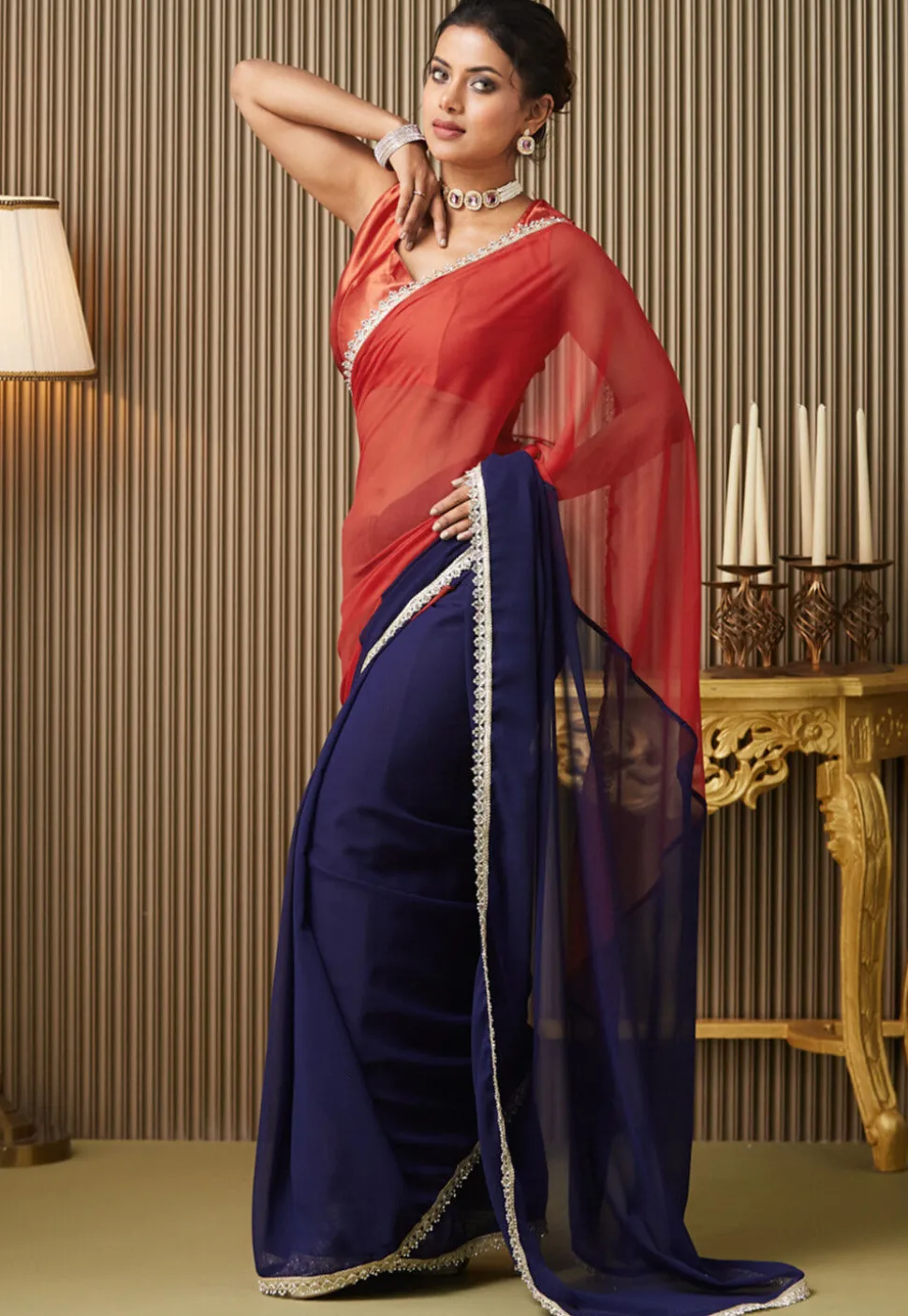 Half N Half Chiffon Saree in Red and Navy Blue