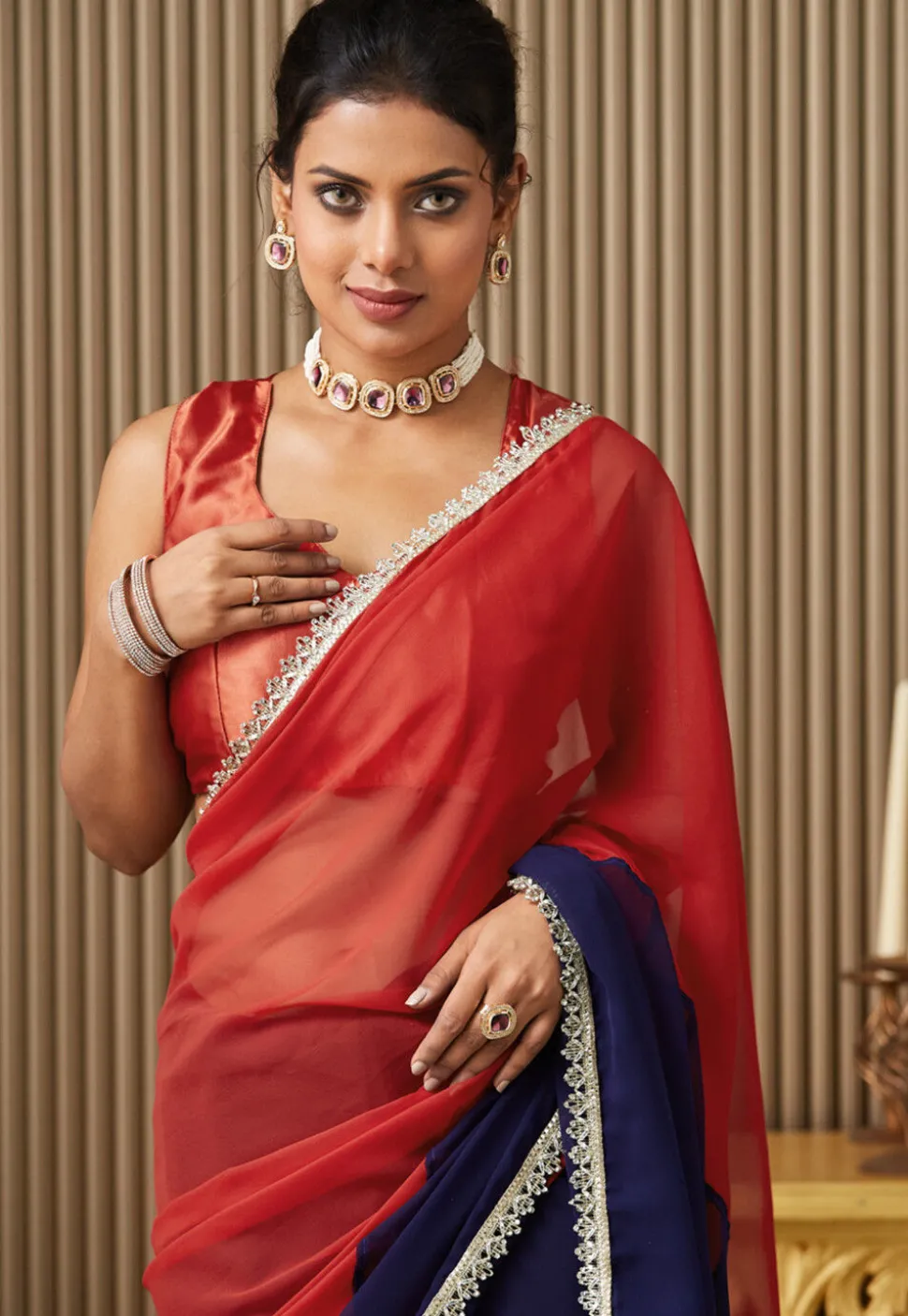 Half N Half Chiffon Saree in Red and Navy Blue