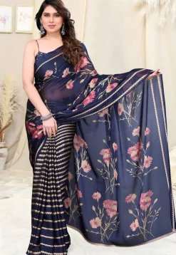 Half N Half Chiffon Saree in Navy Blue